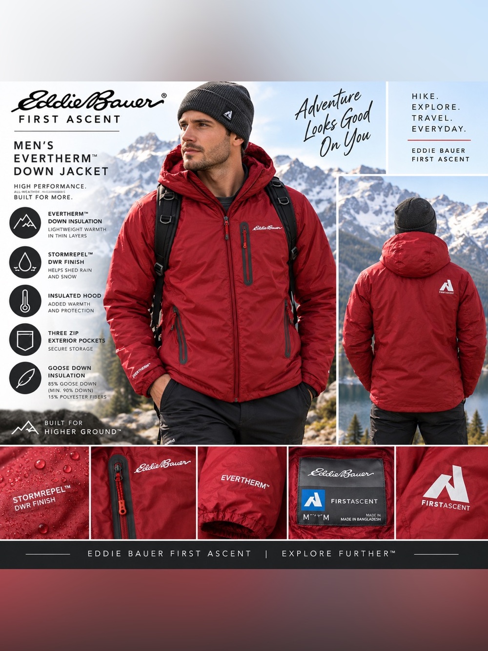 Eddie Bauer First Ascent EverTherm Hooded Down Jacket Men’s M Red Goose Down
